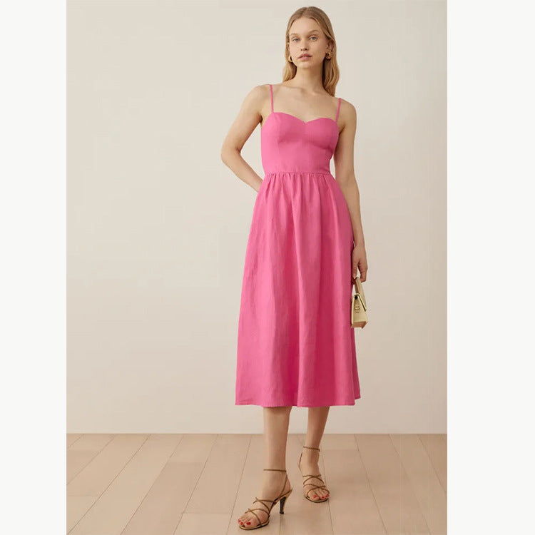 Women's Green Suspenders Linen Mid-length Dress French Dresses