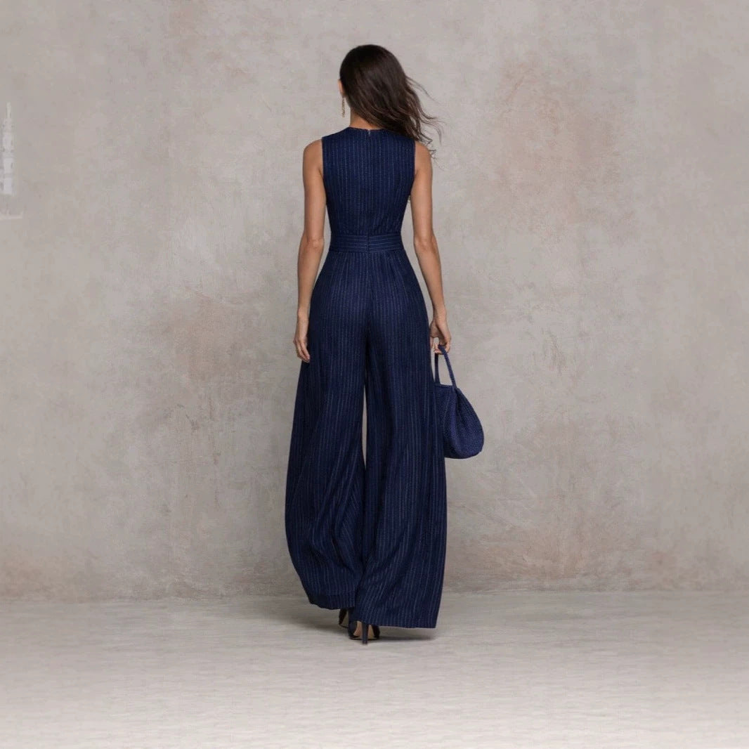 Women's Deep Blue Stripes Sleeveless Waist Wide Leg Long Graceful Women's Jumpsuit/clothing