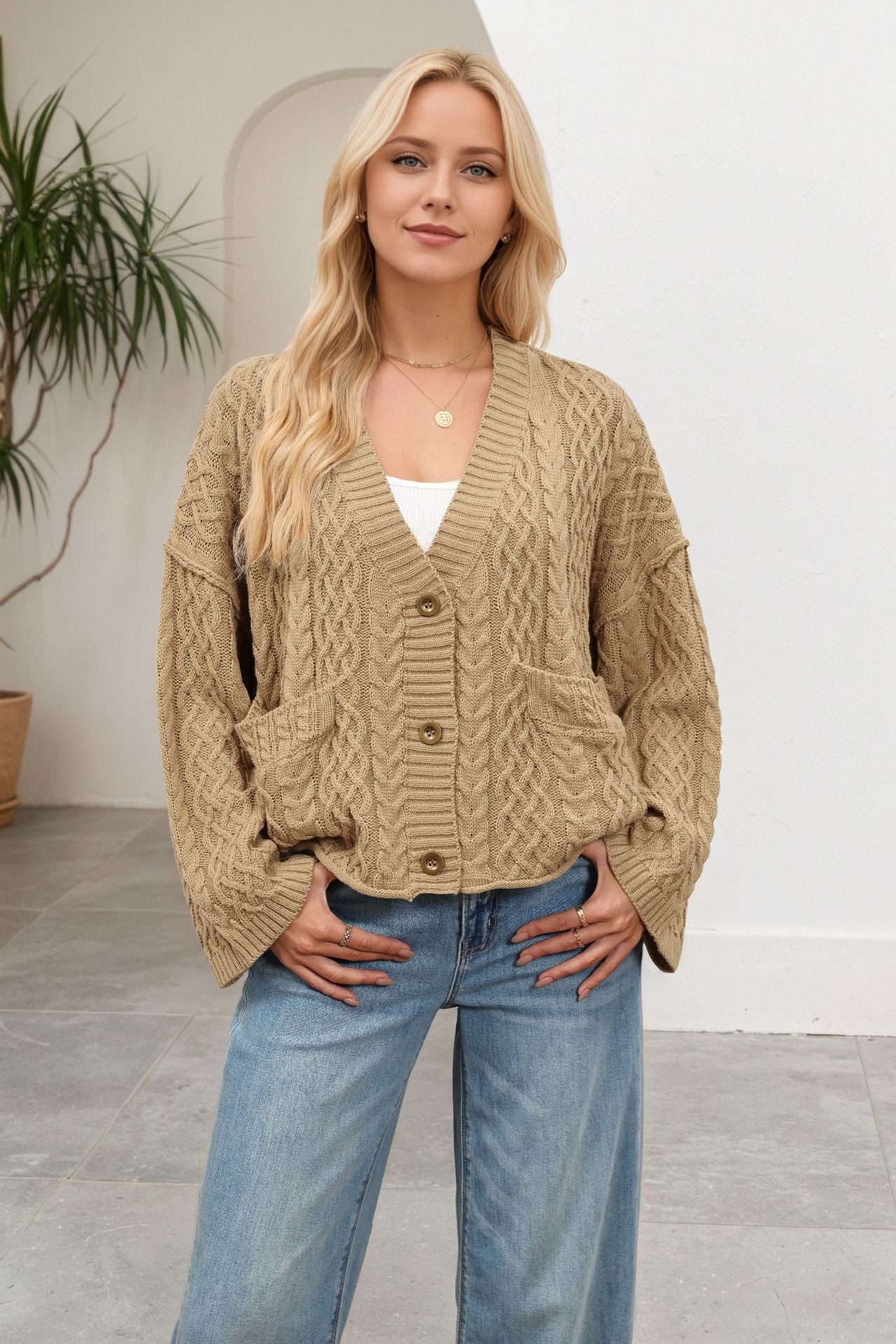 Solid Color Twist Single-breasted Double Pocket Sweaters