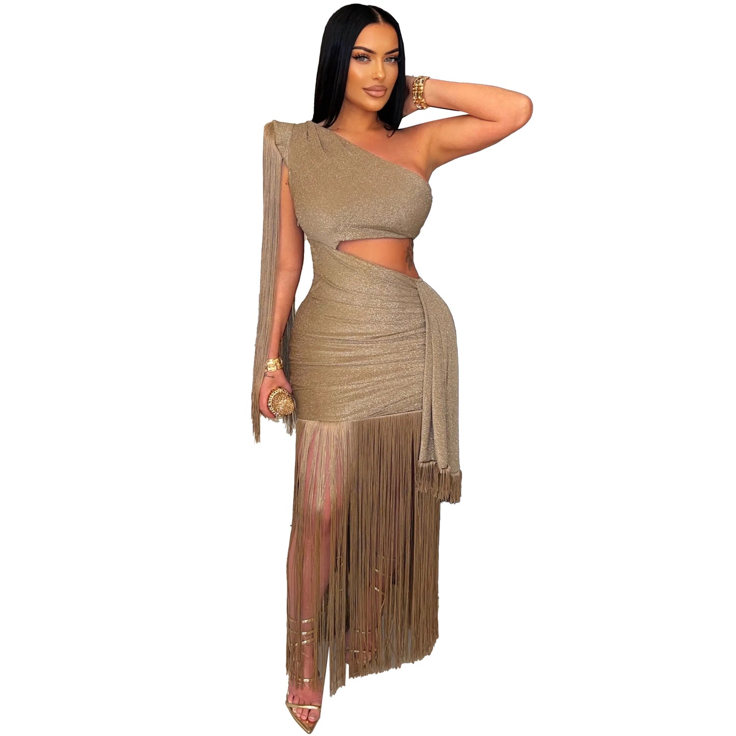 Charming Asymmetric Shoulder Tassel Maxi Dress Dresses