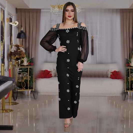 Women's Fashion Wear Elegant Rhinestone Square Collar Mesh Slim Dresses