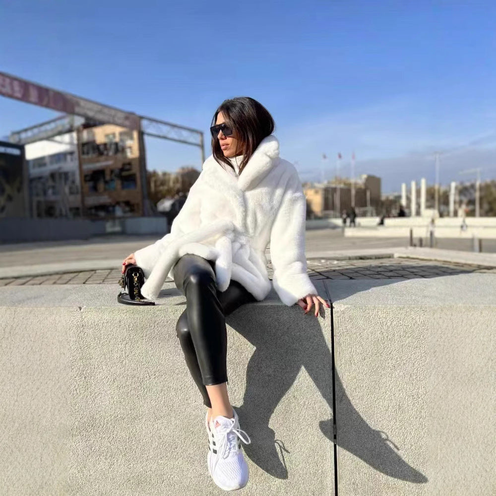 Women's Temperament Lapel No Belt Artificial Fur Coats