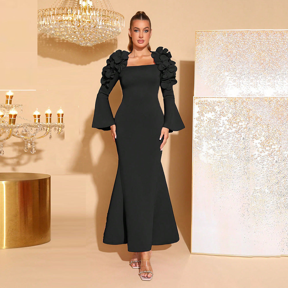 Design Stitching Three-dimensional Flower Dress Elegant Flared Dresses