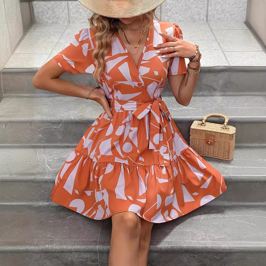Women's Bohemian Fashion Loose Waistband Pleated Print Dress