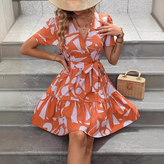 Women's Bohemian Fashion Loose Waistband Pleated Print Dress