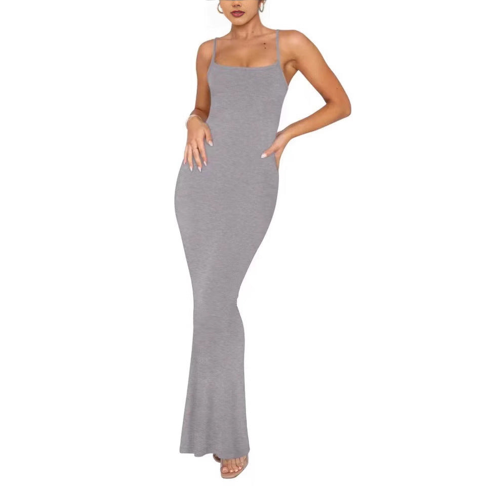 Women's Summer Solid Color Sling Casual Bottoming Rest Sexy Long Dress