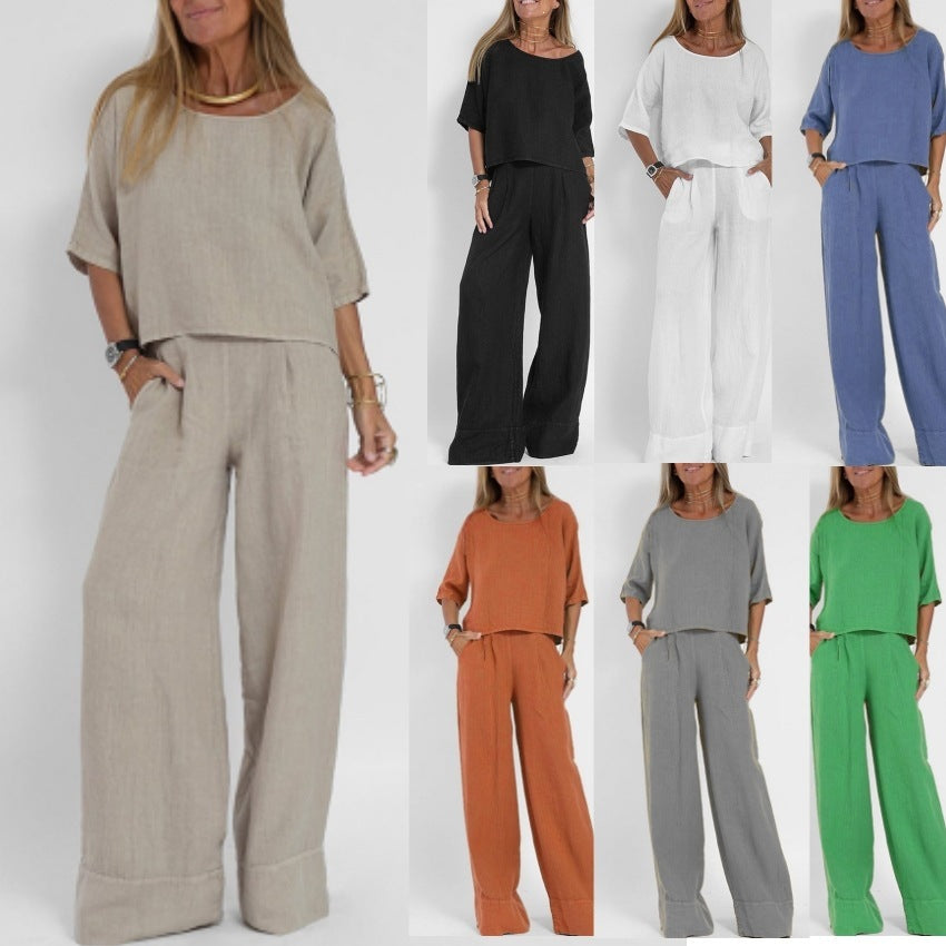 Women's Summer Solid Color Cotton Linen Sleeve Loose Wide Fashion Casual Suit