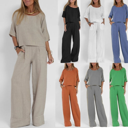 Women's Summer Solid Color Cotton Linen Sleeve Loose Wide Fashion Casual Suit