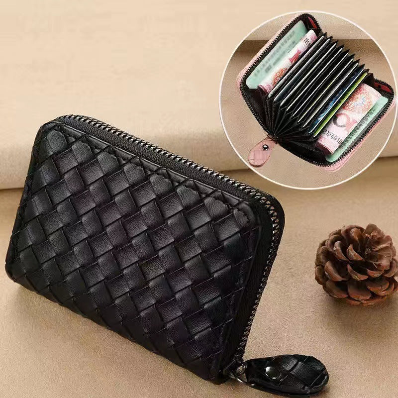 Women's Clamp Exquisite Authentic Leather Tactile Feel Woven Card Holder