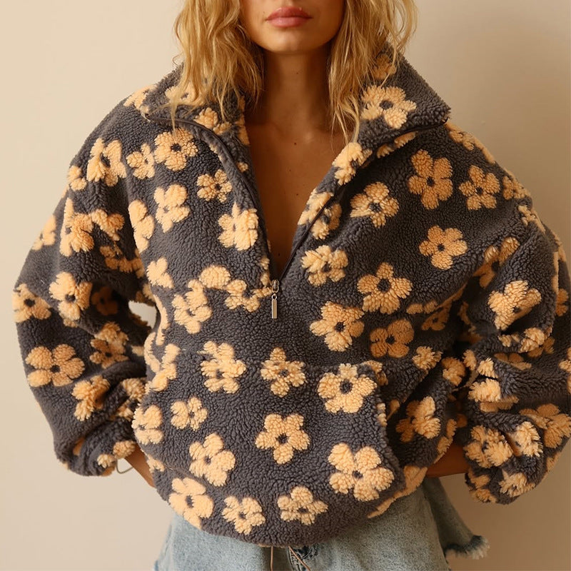 Women's Fashionable Faux Lamb Wool Printed Loose Sweaters