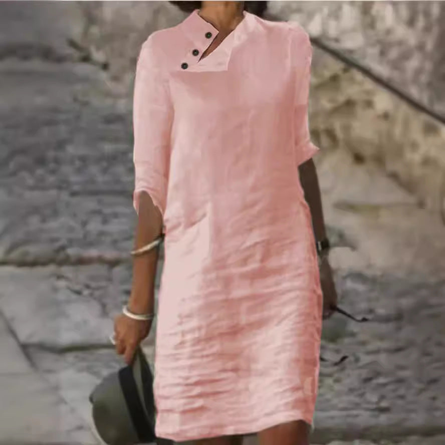 Casual Stand Collar Button Cotton Linen Solid Dress