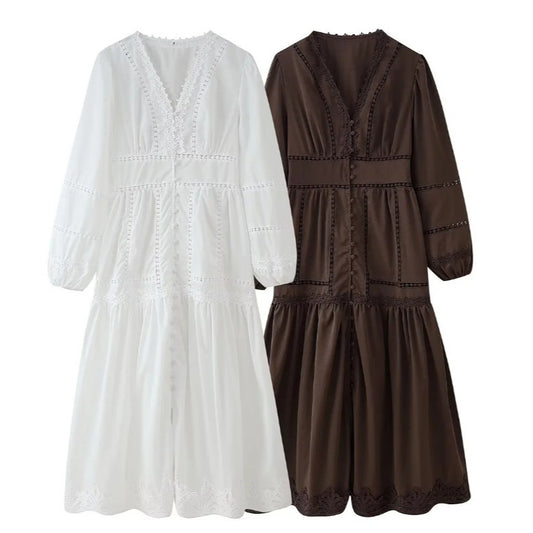 Women's Elegant Stitching Lace Design Long Sleeve Dresses