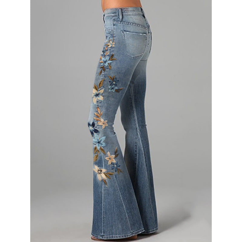 Women's Digital Printing Fashion Slimming Denim Bell-bottom Jumpsuits