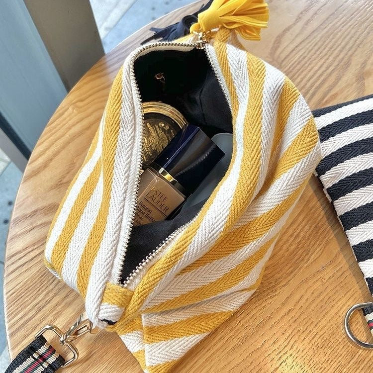 Large Capacity Handmade Personality Canvas Striped Tassel Handbags