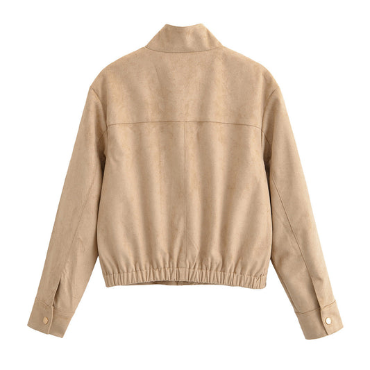 Women's Stand Collar Single-breasted Suede Fabric Jackets