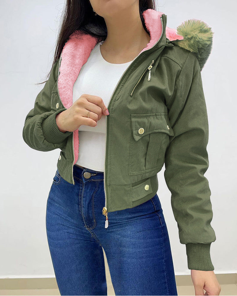 Red Work Clothes Patch Pocket Casual Veet Lining Coats