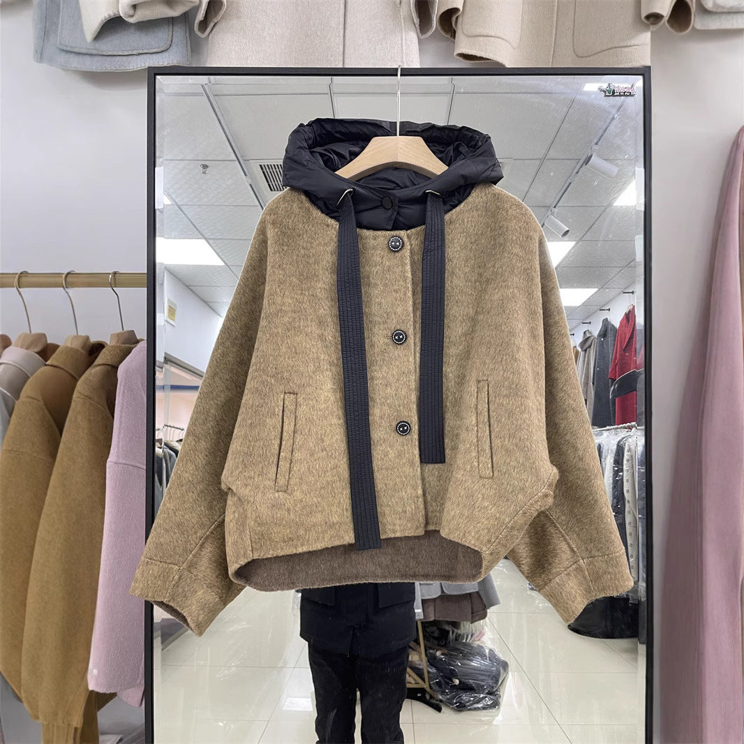 Women's Woolen Double-faced Goods Wool Overcoat Hooded Batwing Coats