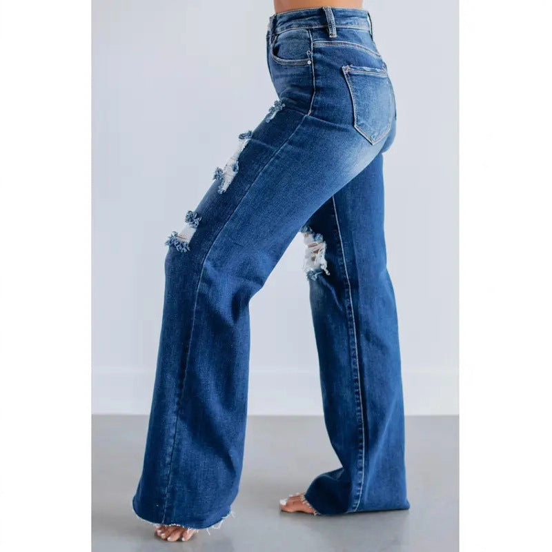 Women's Waist Casual Slimming Holes Wide Leg Women's Jeans