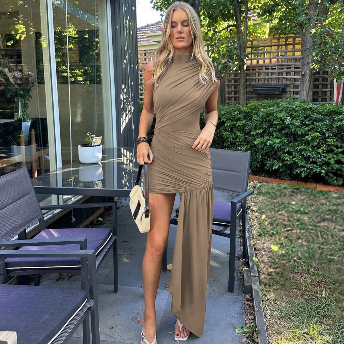 Round Neck Stitching Ruffle Irregular Elegant Dresses