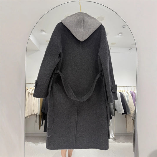 Women's Hooded Fake Two Pieces Woolen Long Winter Hepburn Style Coats