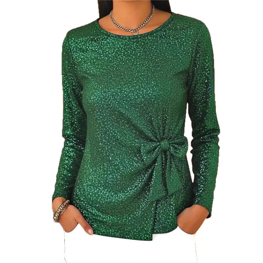 Women's Fashion Shiny Bow Long Sleeve Pullover Women's T-shirt
