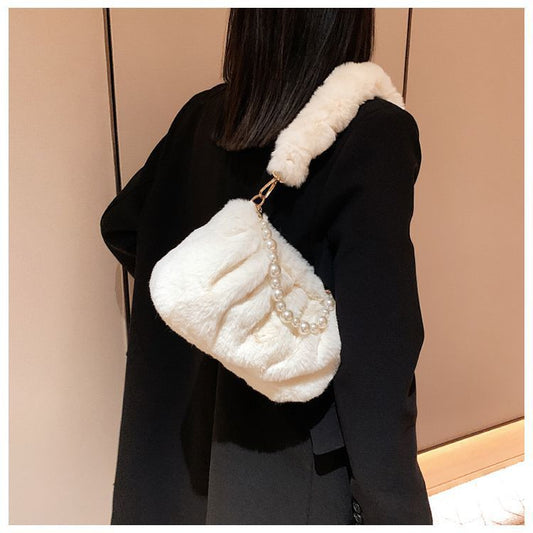 Women's Pearl Design Pleated Plush Fashion Underarm Shoulder Bags