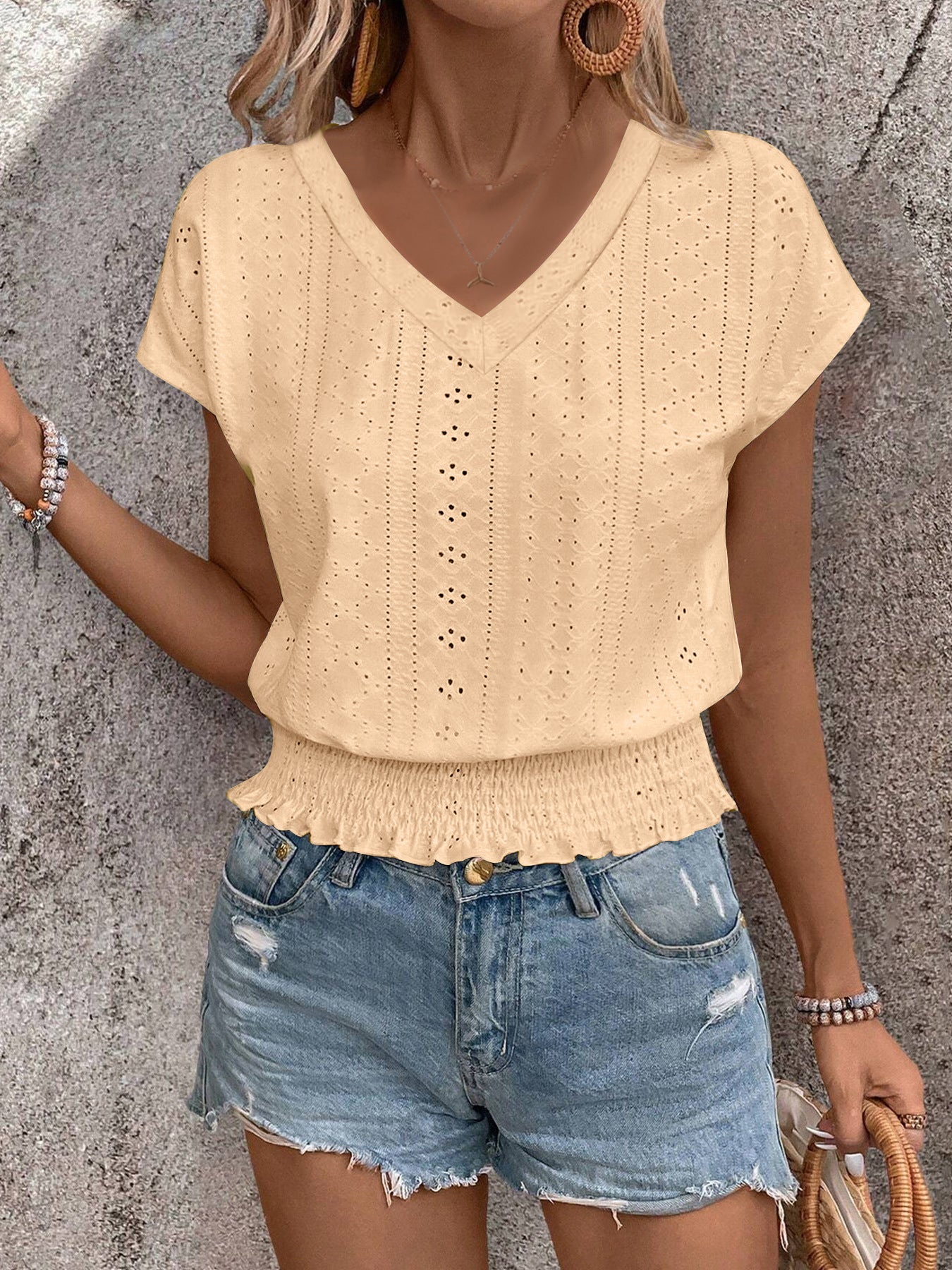 Women's Jacquard Smocking Short-sleeved Fashion Casual Women's T-shirt