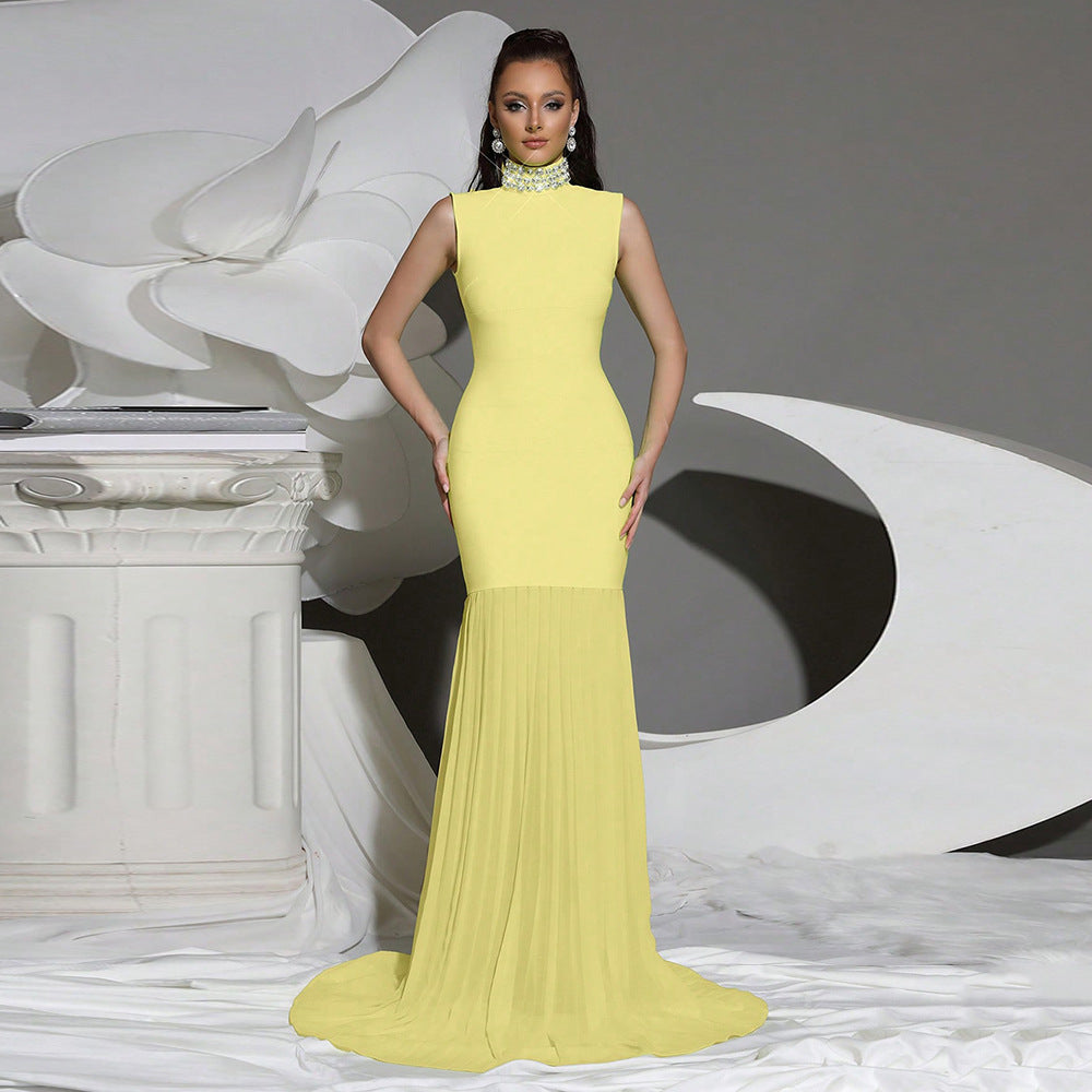 Women's Bandage Mesh Stitching Long Dress Diamond Turtleneck Dresses