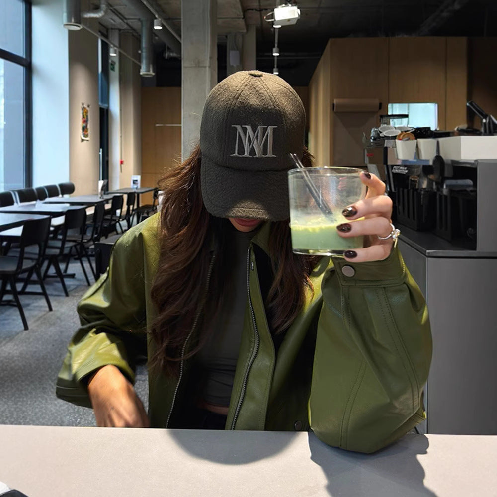 Personality Turn-down Collar Green Leather Temperament Jackets