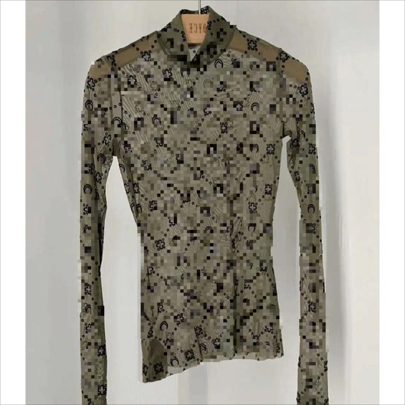 Women's Transparent Sexy Flocking Thin Half Turtleneck Blouses