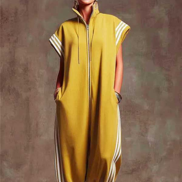 Zipped Stand Collar Striped Contrast Color Fashion Quick Women's Jumpsuit/clothing