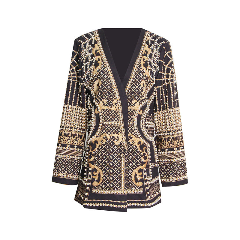 Women's French Style Small Fashion Bead Printed Long Sleeve Blazers