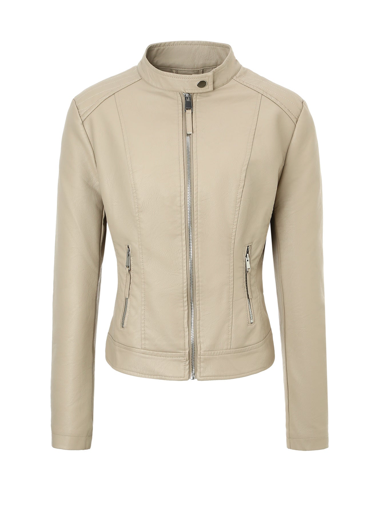 Women's Three-color Stand Collar Zipper Leather Pocket Jackets