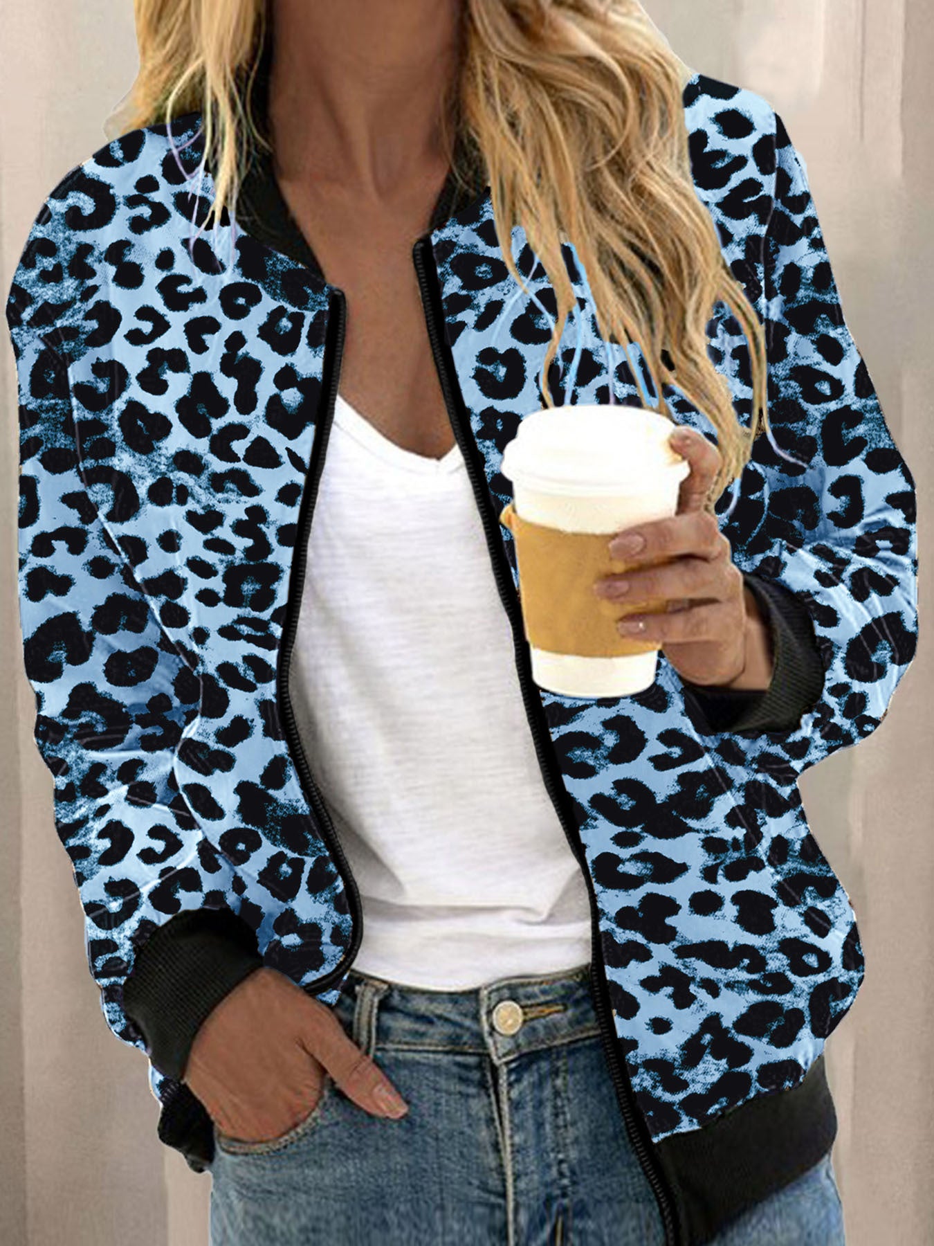 Autumn Leopard Print Stand Collar Zipper Women's Sweater, Sweater