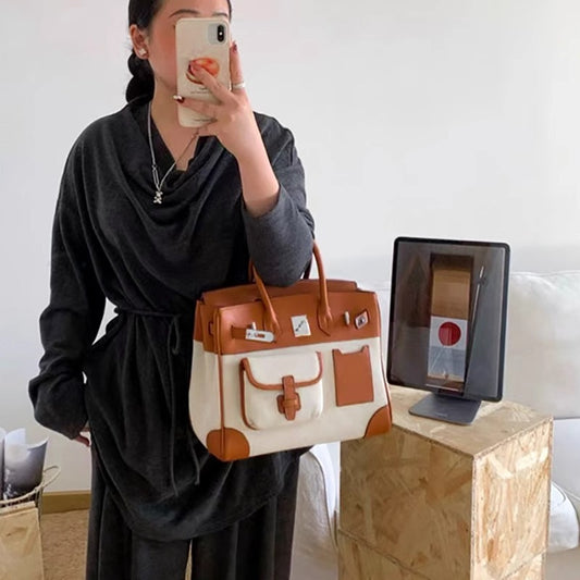 Women's Contrast Color Canvas Stitching Large Bags