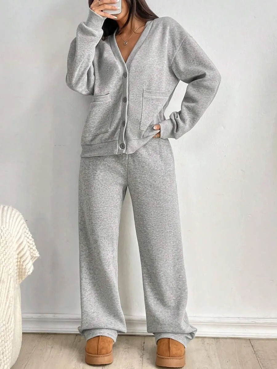 Women's Pocket Sweatshirt Button Casual Solid Color Suits