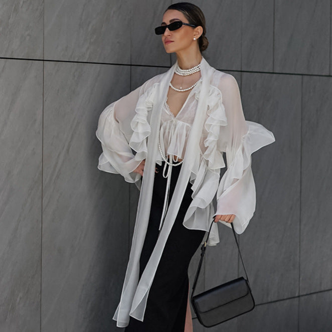 Women's French Ruffled Ribbon Shirt Fashion Wear Blouses