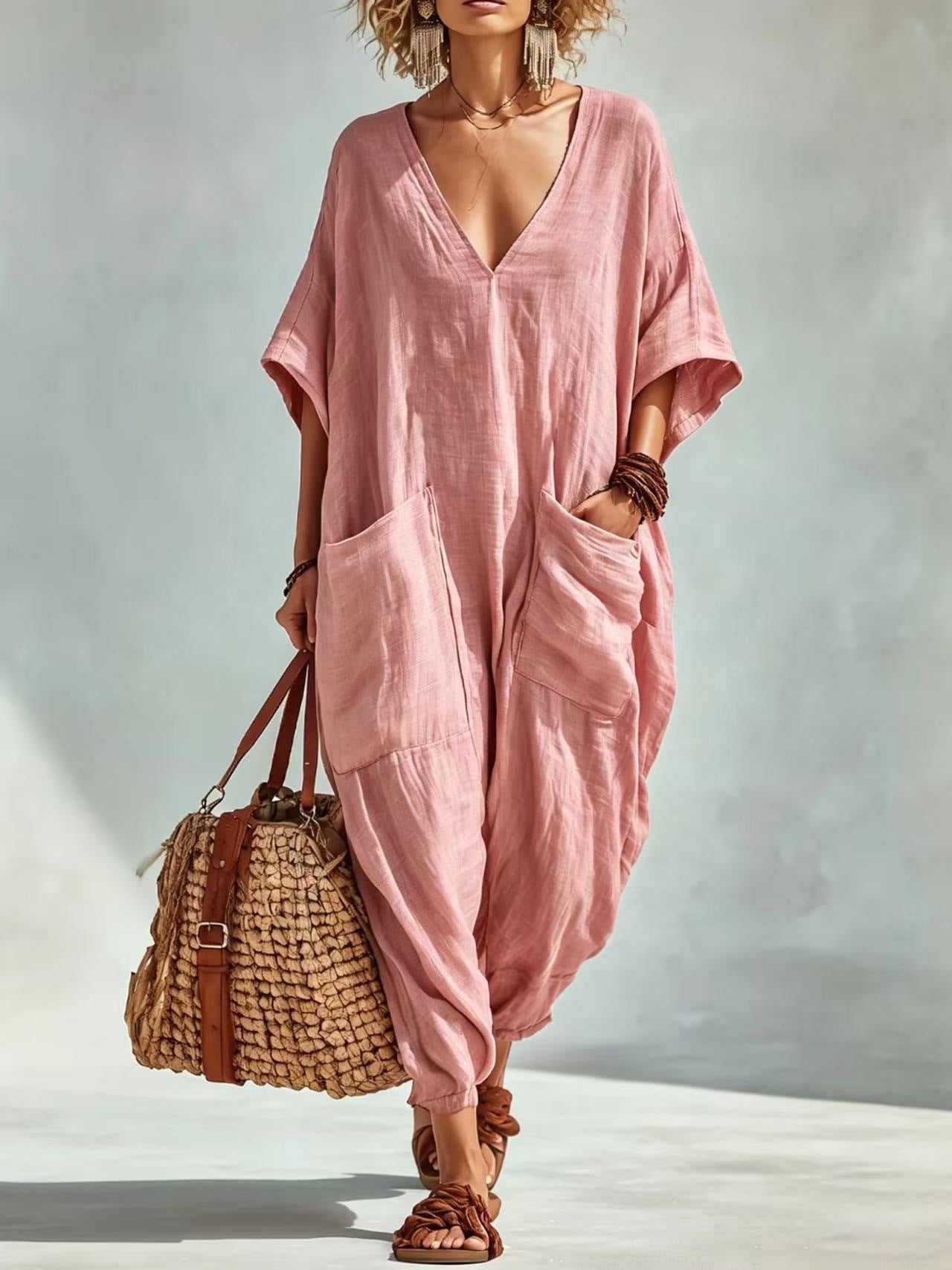 Women's Cotton Linen Loose Large Pocket Bloomers Beach Jumpsuits