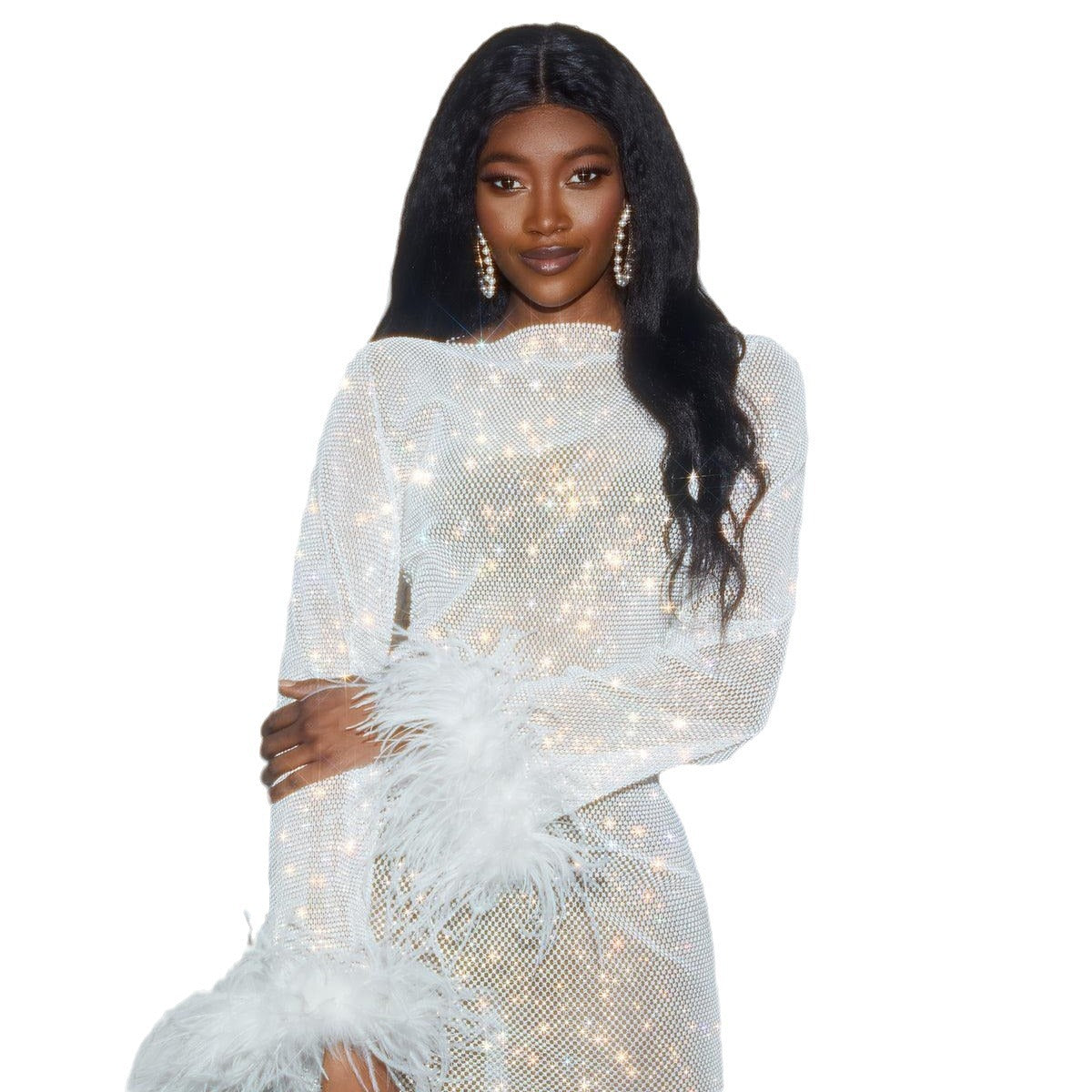Summer Sexy Rhinestone Mesh Long Sleeve Dresses
