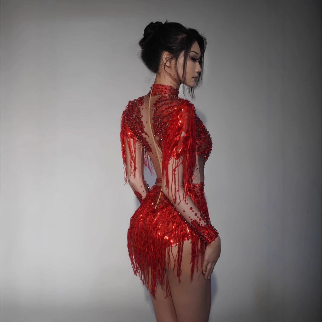 Sexy Tight Grandma Siamese High Fork Rhinestone Jumpsuits
