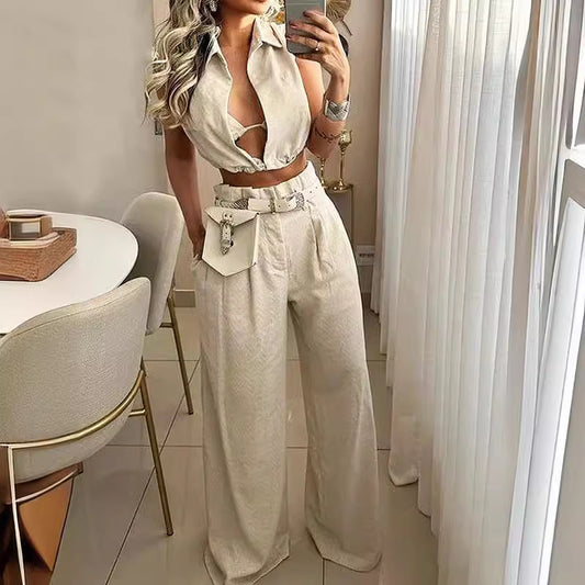 Slouchy Durable Sleeveless Two-piece Collar Tether Fashion Casual Suit