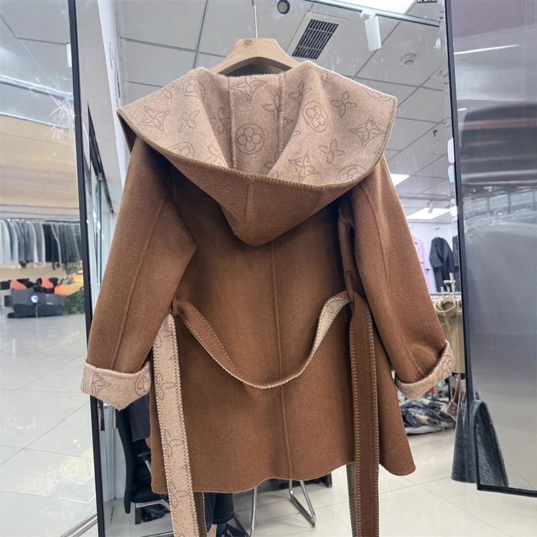 Women's Mid-length Jacquard Double-sided Wool Overcoat Hooded Coats