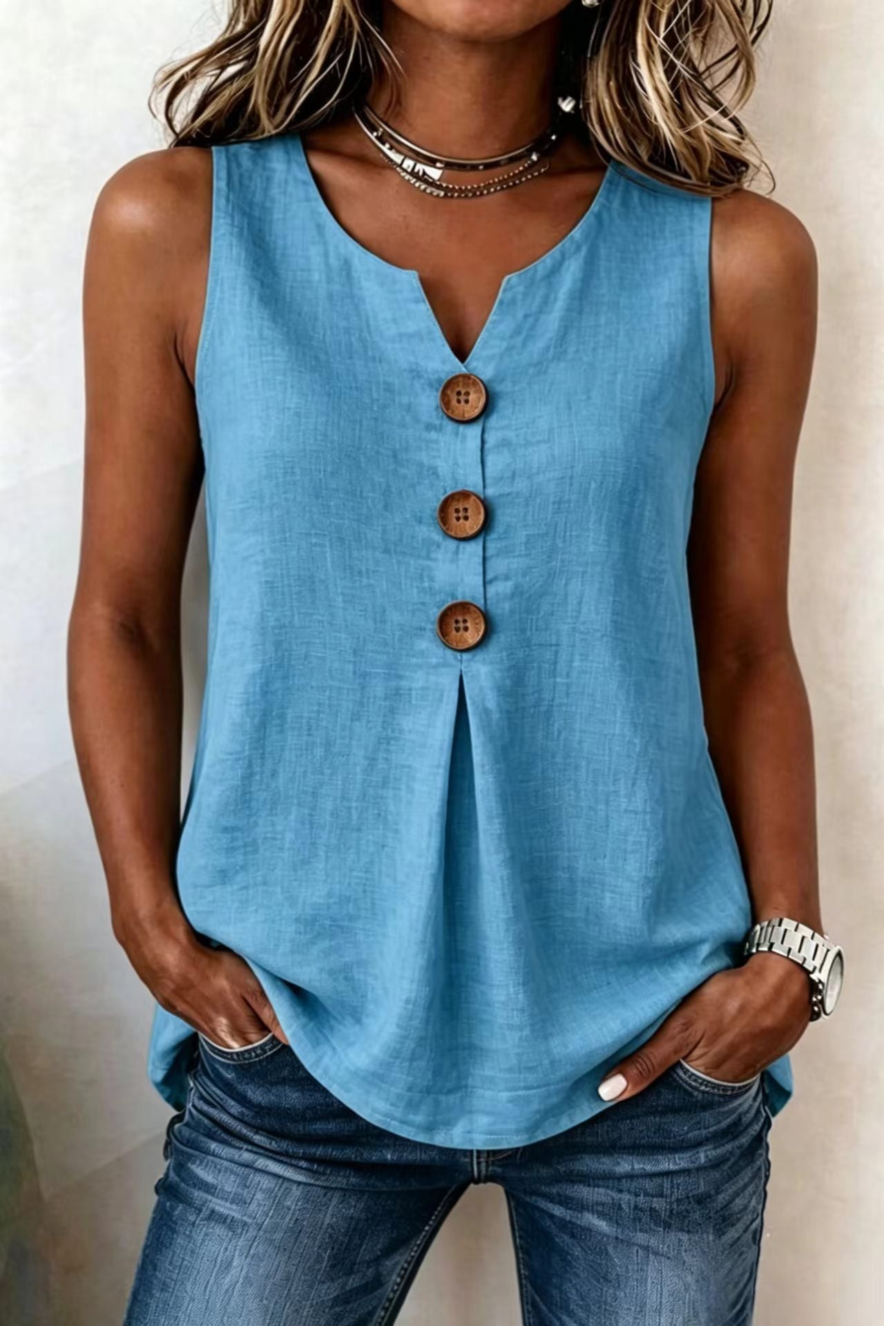 Classic Women's Cotton Linen Button Sleeveless Women's T-shirt