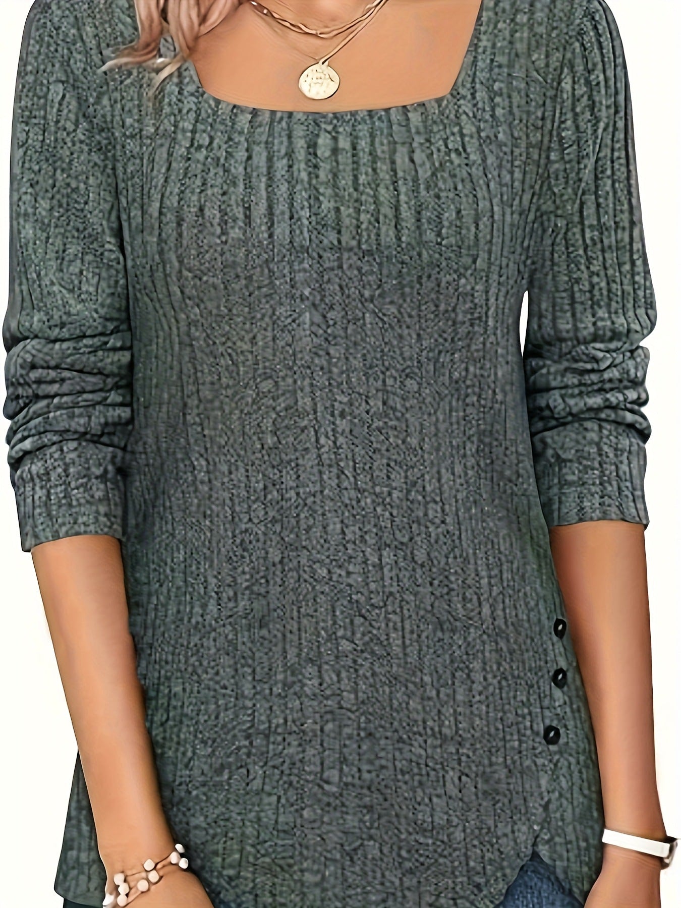 Women's Color Rib Fabric Square Collar Loose Women's T-shirt