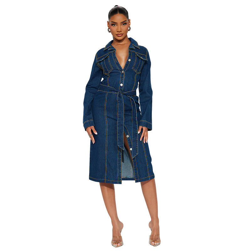 Women's Fashion Wear Denim Long-sleeved Midi Dress Jackets