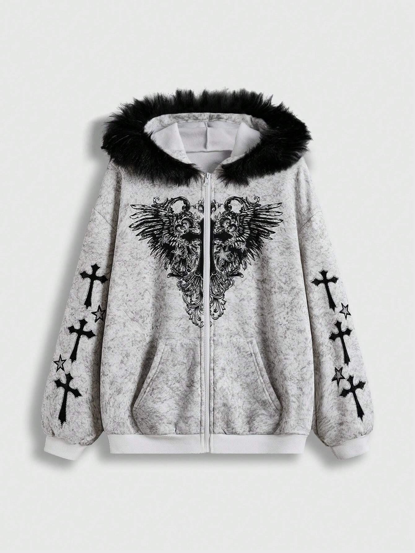 Gothic Cross Wings Printing Fur Collar Sweaters