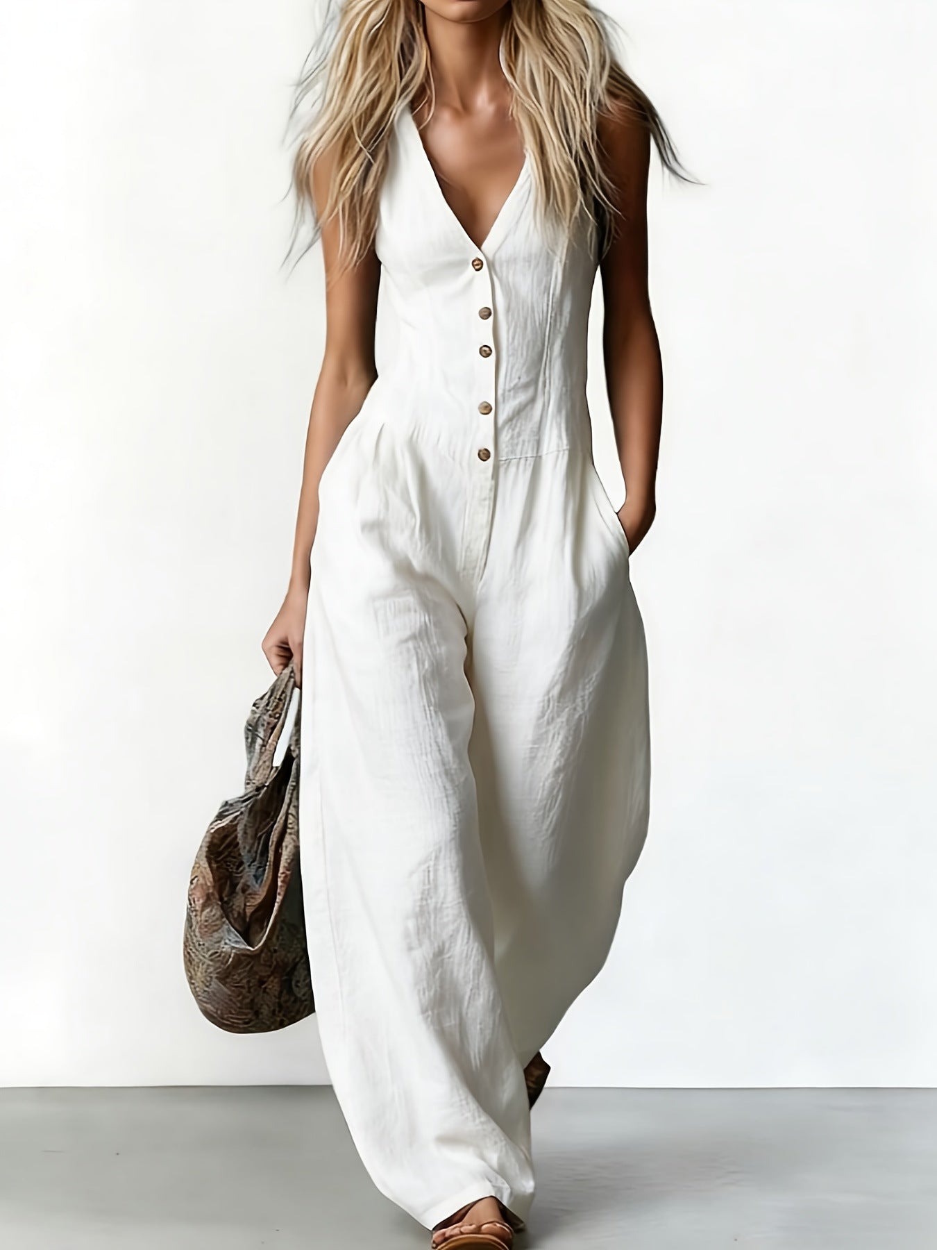 Women's Summer Sleeveless Solid Color Elegant Deep Women's Jumpsuit/clothing