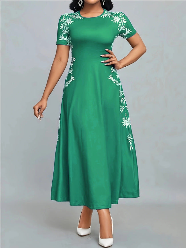 Women's Temperament Crew Neck Printed Fashion High Dress