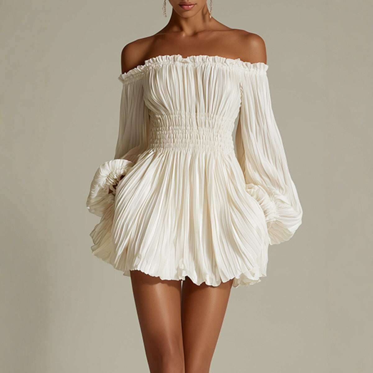 Unique Women's Pleated Slimming Long Sleeve Dress