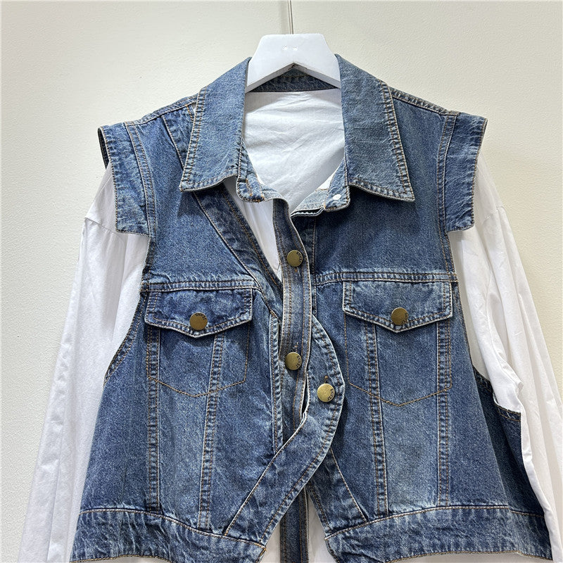 Women's Design Sense Fake Two Pieces Denim Blouses